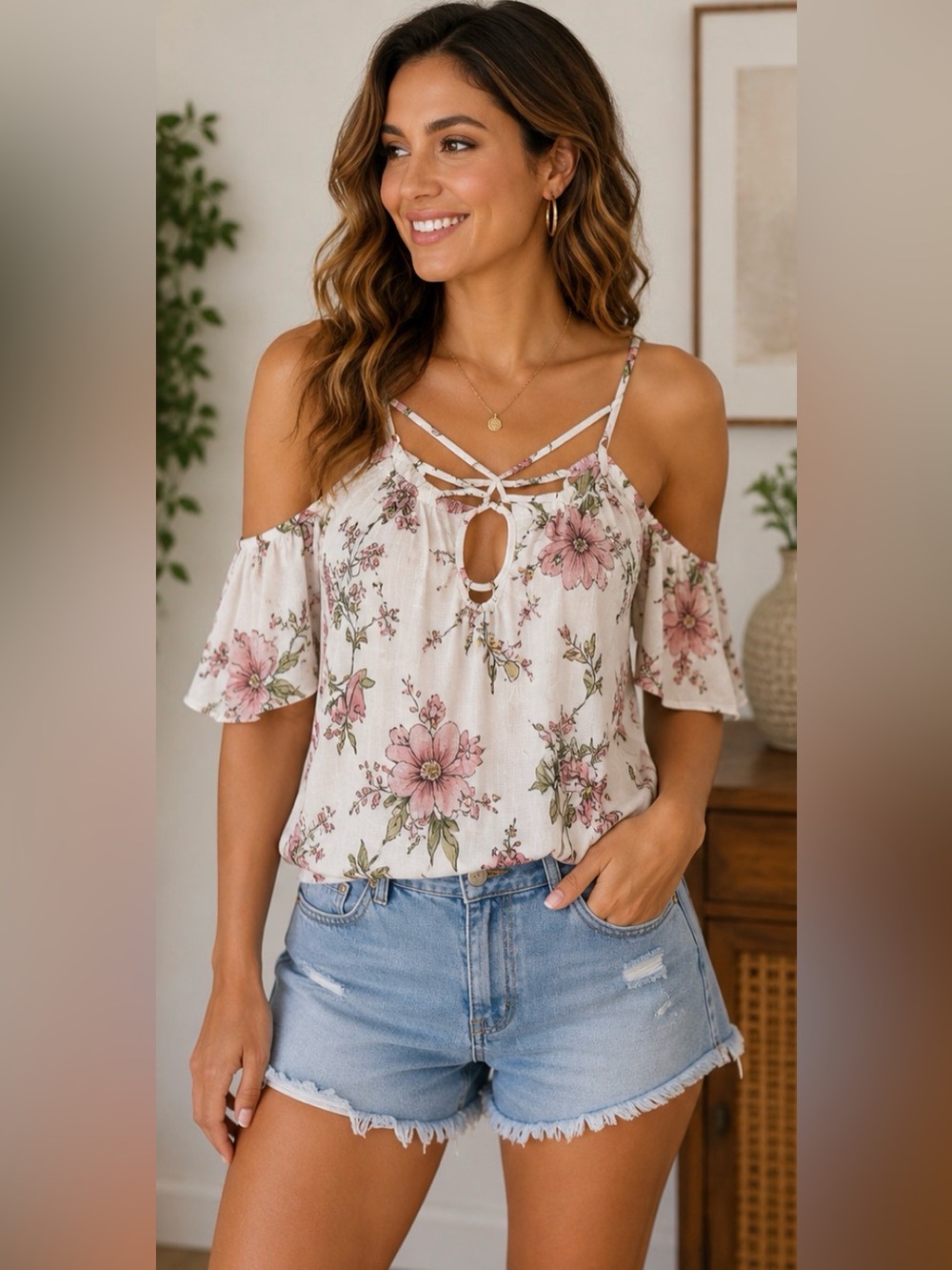 719 Daytrip Buckle XS White Pink Floral Cold Shoulder Strappy Top NWT